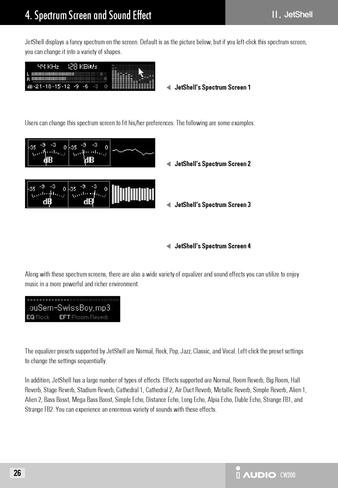 Cowon Systems CW200 user manual Spectrum Screen and Sound Effect, JetShell’s Spectrum Screen 