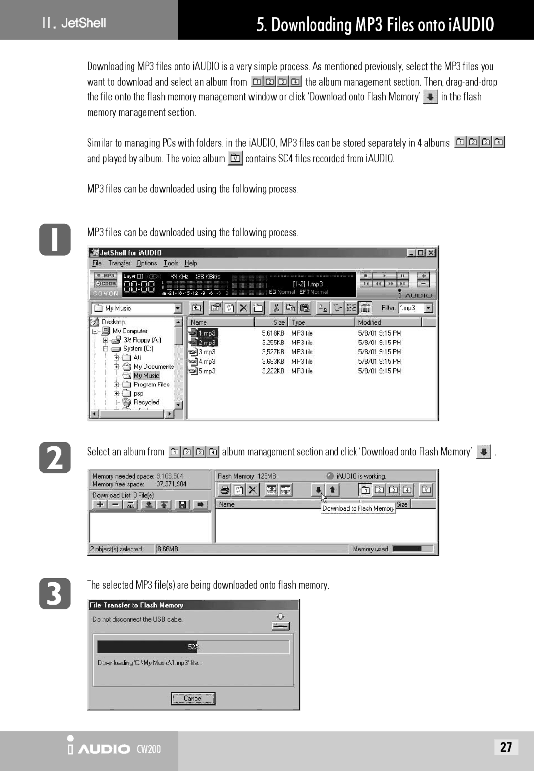 Cowon Systems CW200 Downloading MP3 Files onto iAUDIO, Selected MP3 files are being downloaded onto flash memory 