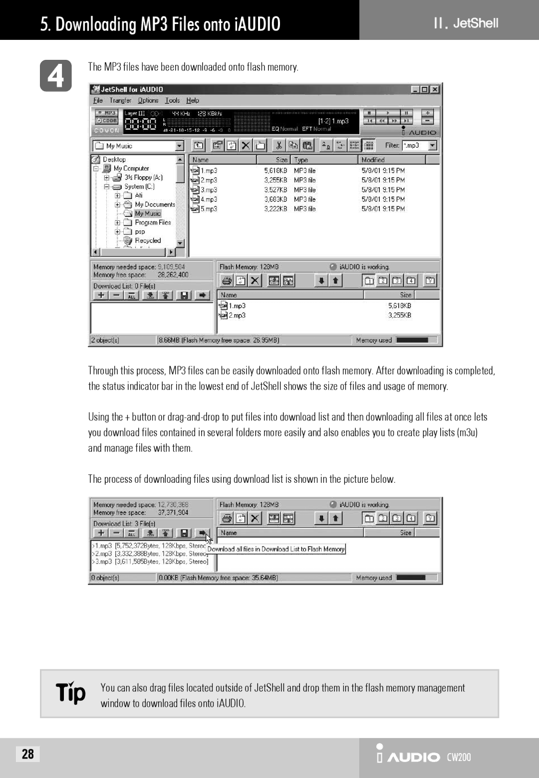 Cowon Systems CW200 user manual Downloading MP3 Files onto iAUDIO, MP3 files have been downloaded onto flash memory 