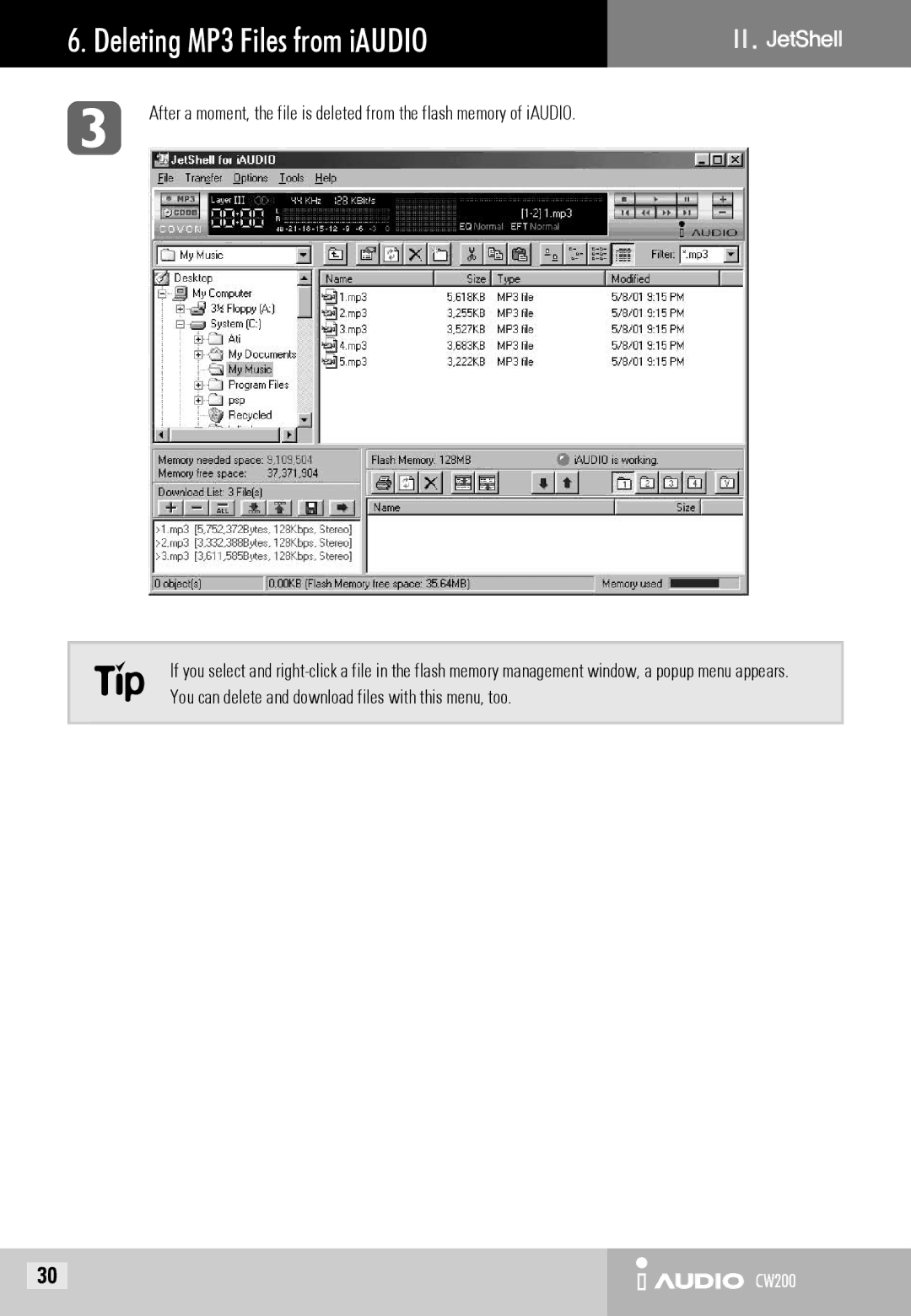 Cowon Systems CW200 user manual Deleting MP3 Files from iAUDIO 