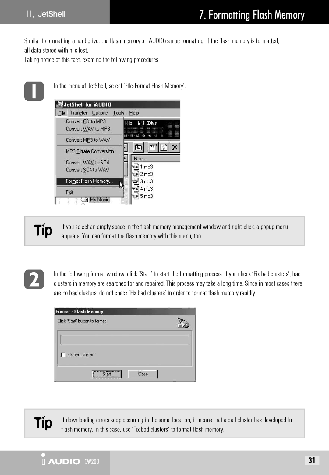 Cowon Systems CW200 user manual Formatting Flash Memory 