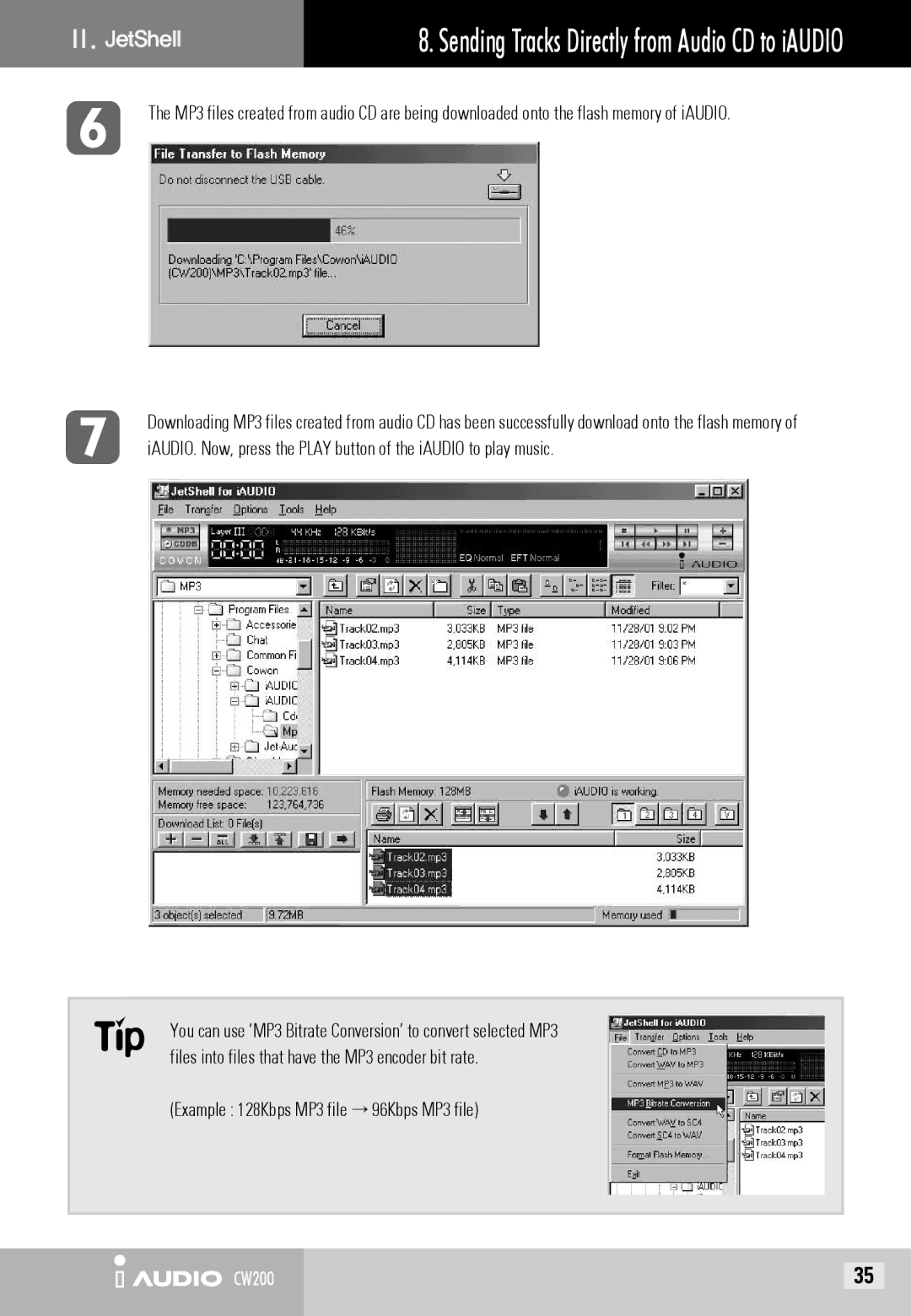 Cowon Systems CW200 user manual Example 128Kbps MP3 file → 96Kbps MP3 file 