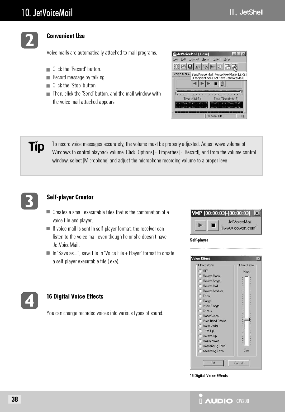 Cowon Systems CW200 user manual JetVoiceMail, Convenient Use, Self-player Creator, Digital Voice Effects 