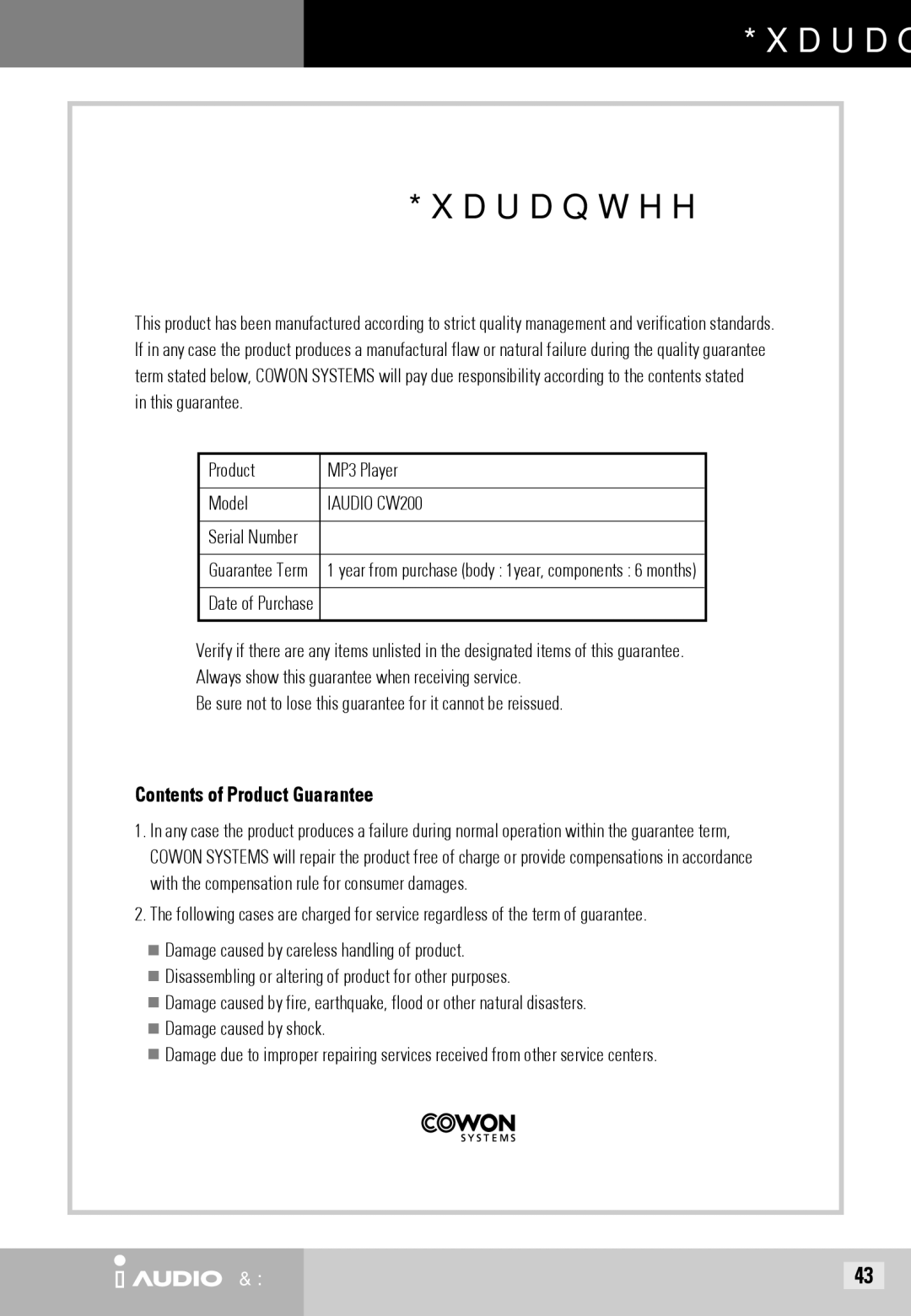 Cowon Systems CW200 user manual Contents of Product Guarantee 