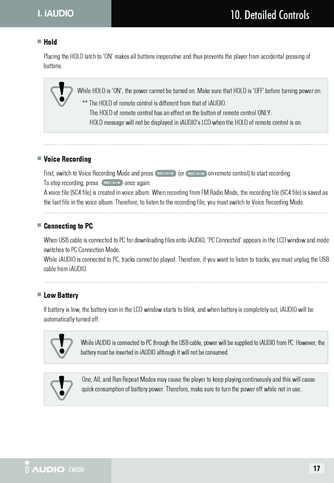 Cowon Systems CW300 user manual Hold, Voice Recording, Connecting to PC, Low Battery 