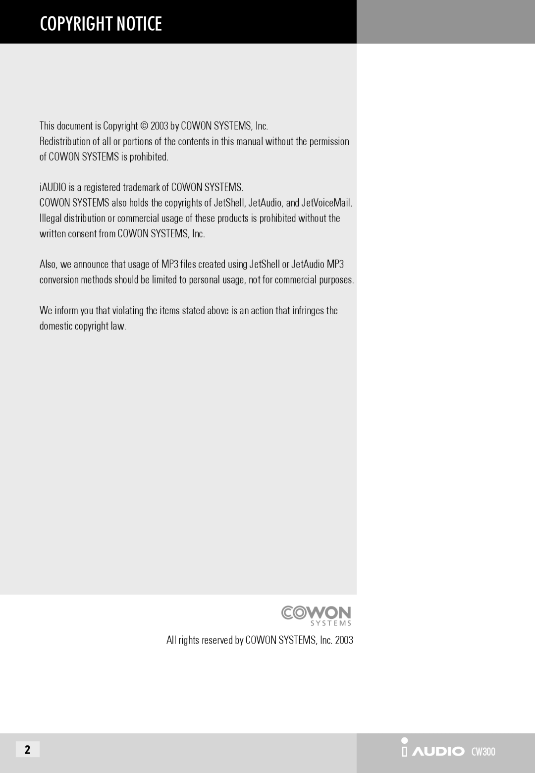 Cowon Systems CW300 user manual Copyright Notice 