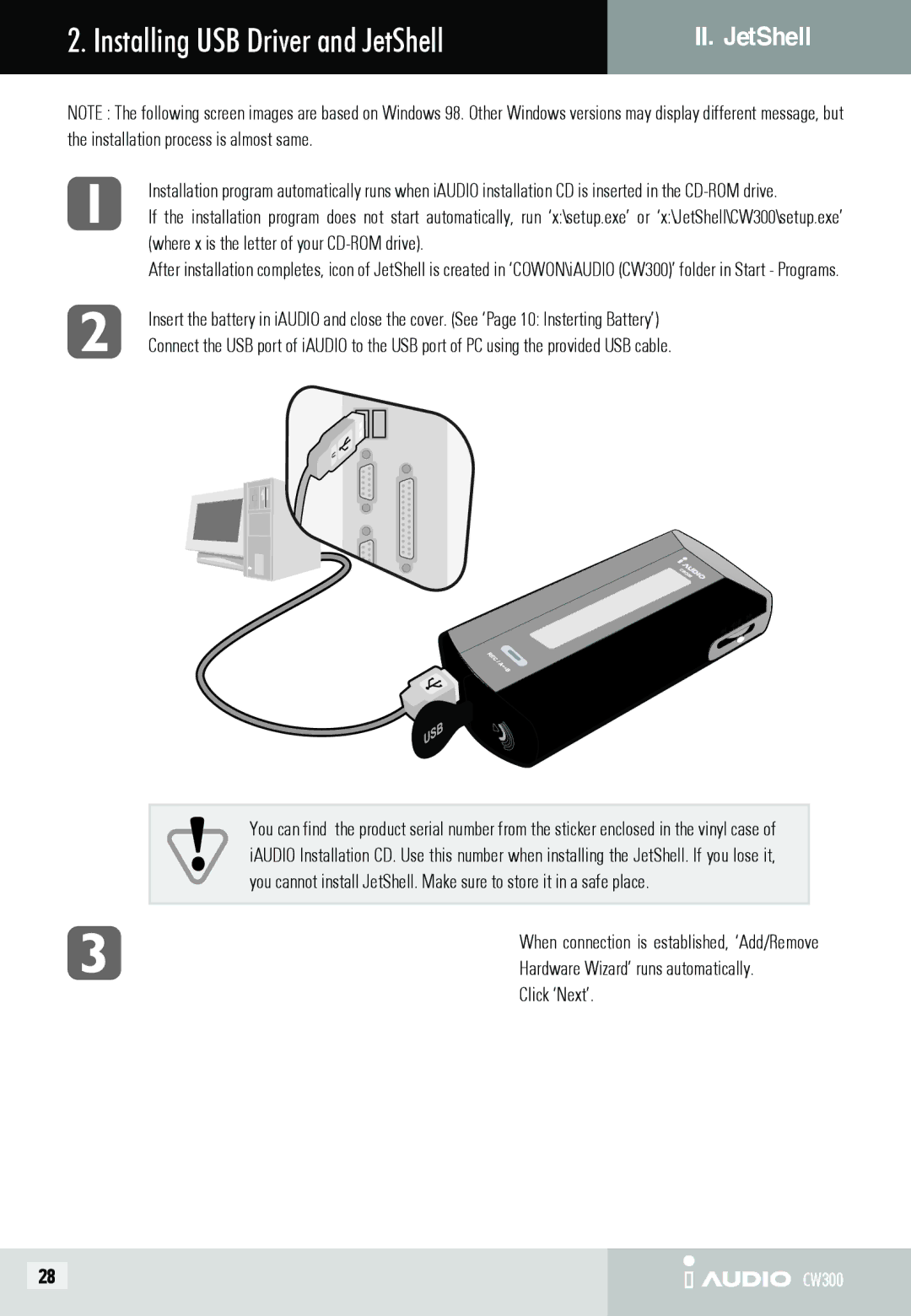 Cowon Systems CW300 user manual Installing USB Driver and JetShell, Hardware Wizard’ runs automatically Click ‘Next’ 