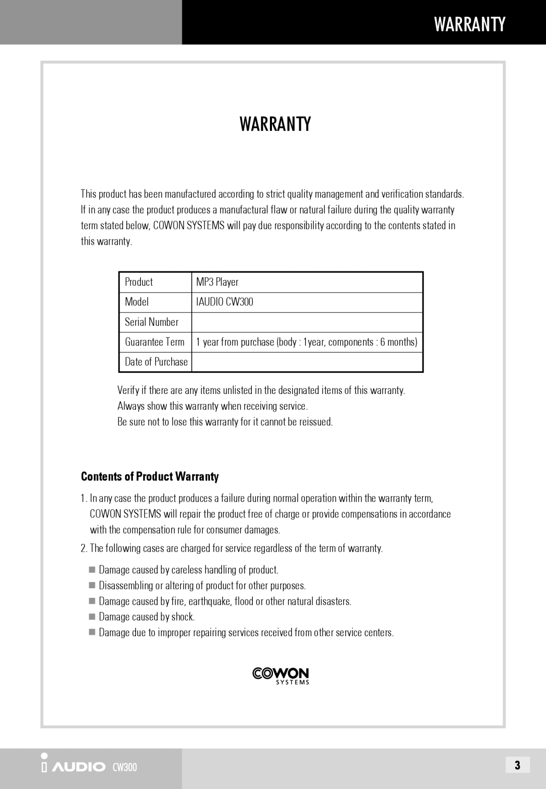 Cowon Systems CW300 user manual Contents of Product Warranty 