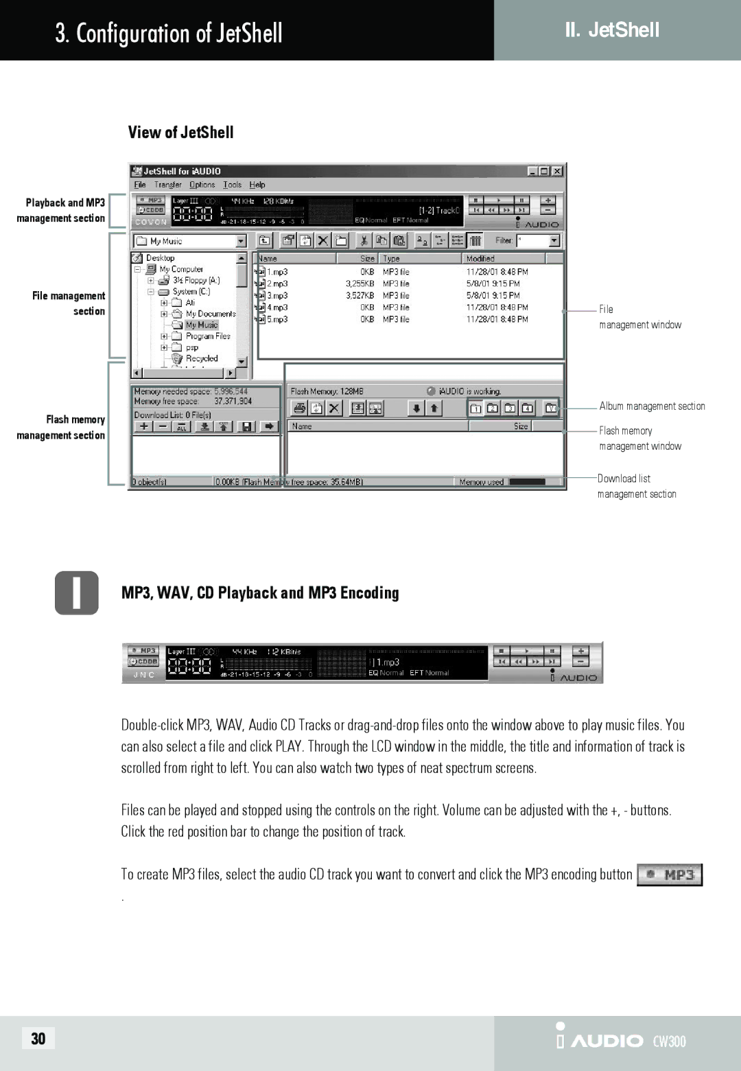 Cowon Systems CW300 user manual Configuration of JetShell, View of JetShell, MP3, WAV, CD Playback and MP3 Encoding 