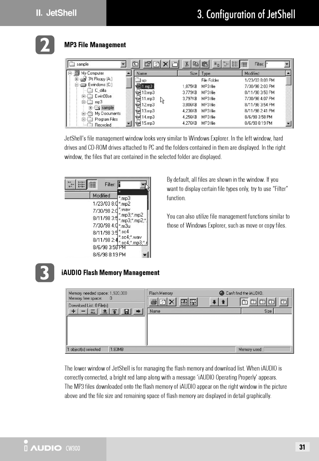 Cowon Systems CW300 user manual II. JetShell Configuration of JetShell, IAUDIO Flash Memory Management 