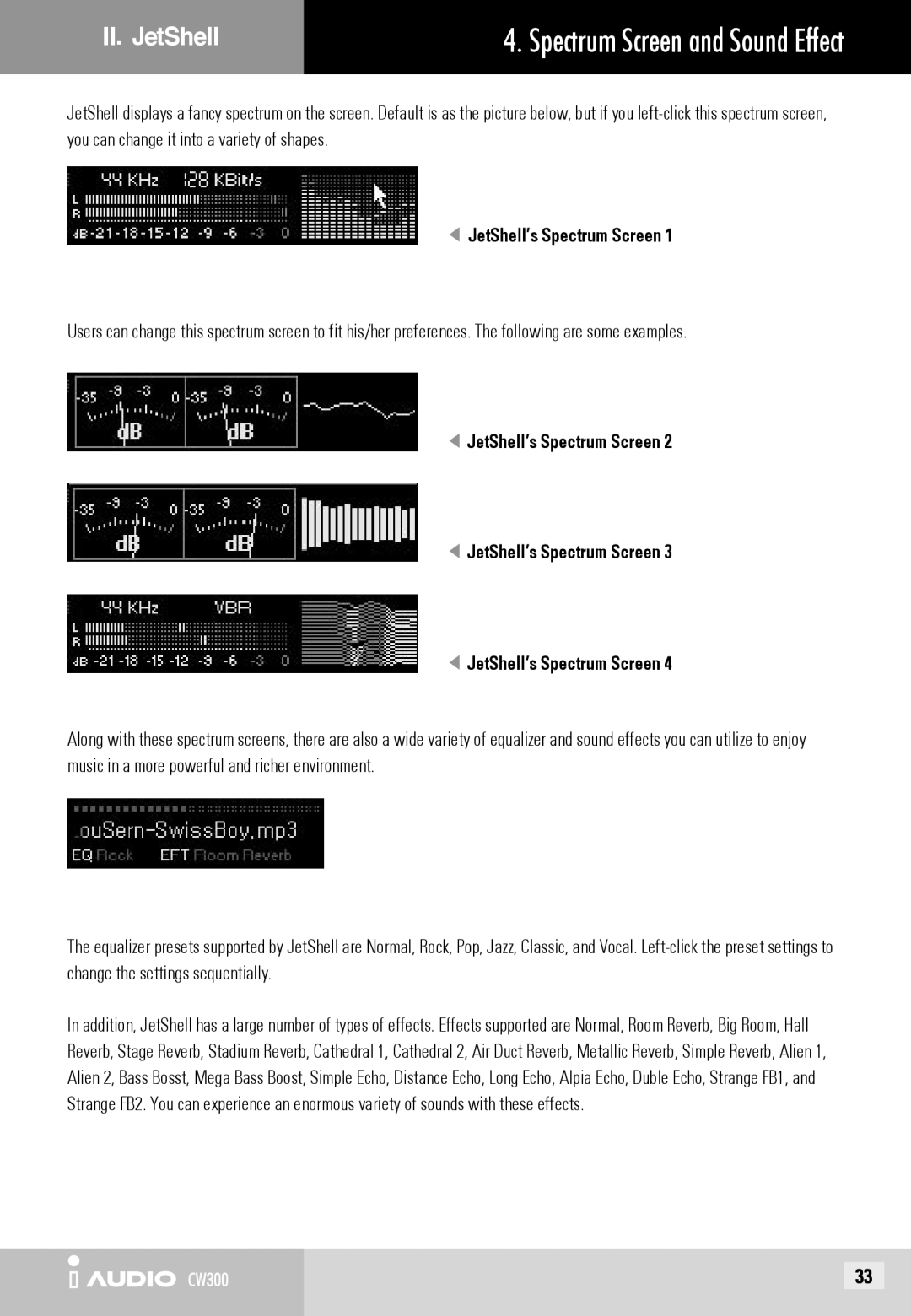 Cowon Systems CW300 user manual Spectrum Screen and Sound Effect 