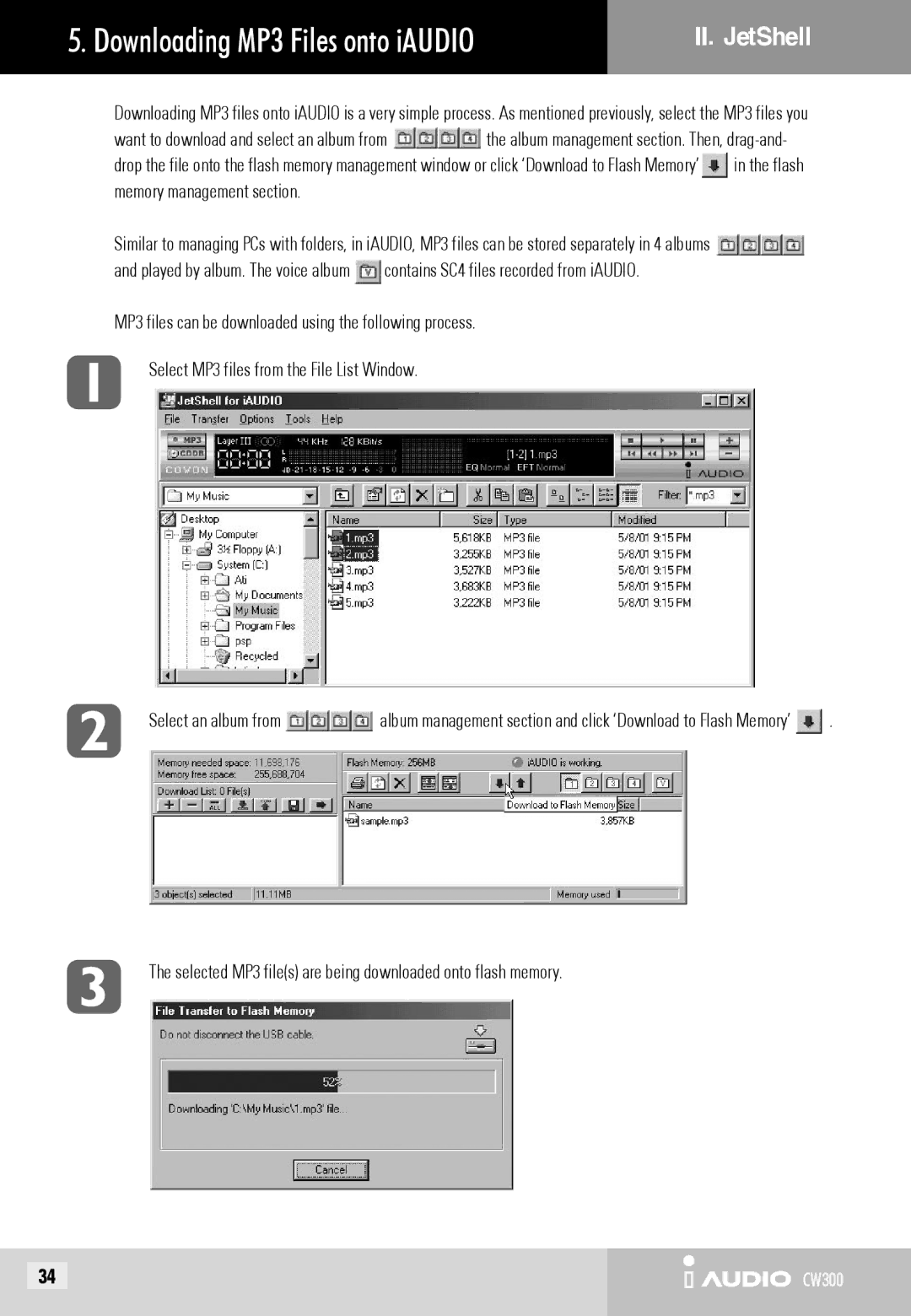 Cowon Systems CW300 Downloading MP3 Files onto iAUDIO, Selected MP3 files are being downloaded onto flash memory 