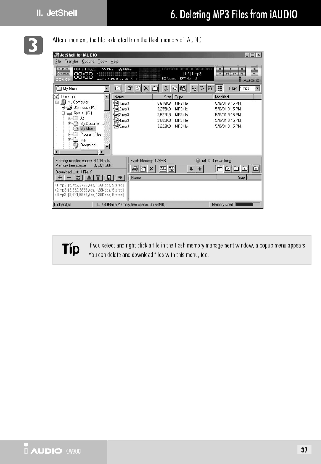 Cowon Systems CW300 user manual II. JetShell Deleting MP3 Files from iAUDIO 