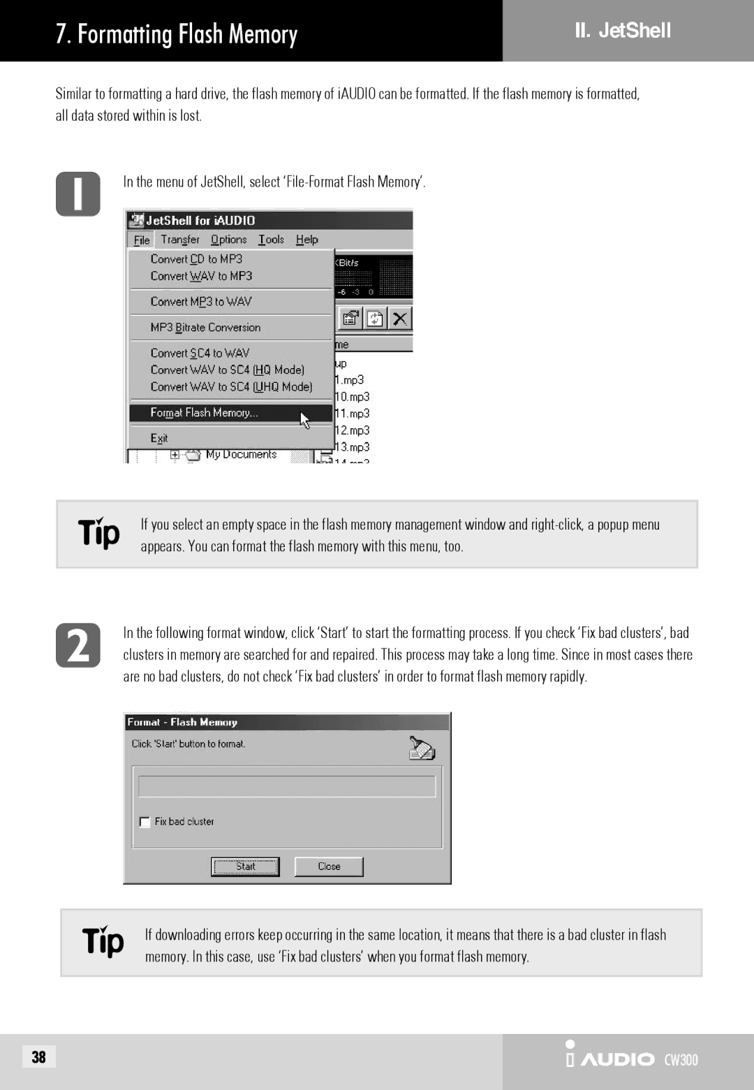 Cowon Systems CW300 user manual Formatting Flash Memory 