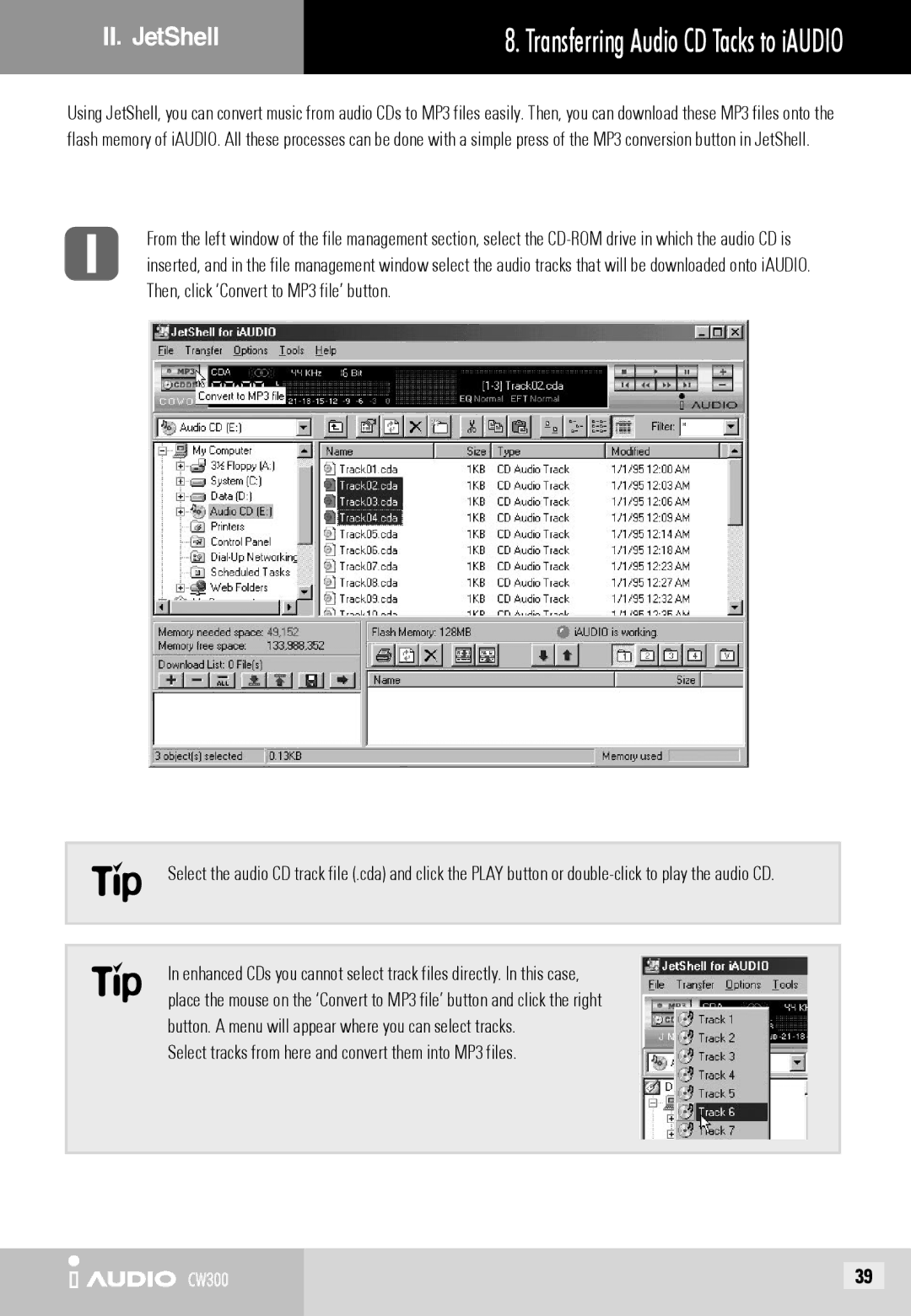 Cowon Systems CW300 Select tracks from here and convert them into MP3 files, Transferring Audio CD Tacks to iAUDIO 