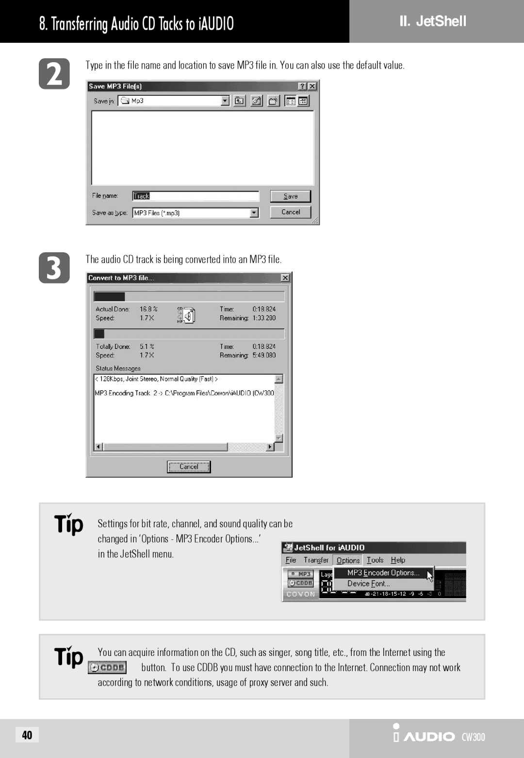 Cowon Systems CW300 user manual Audio CD track is being converted into an MP3 file, JetShell menu 