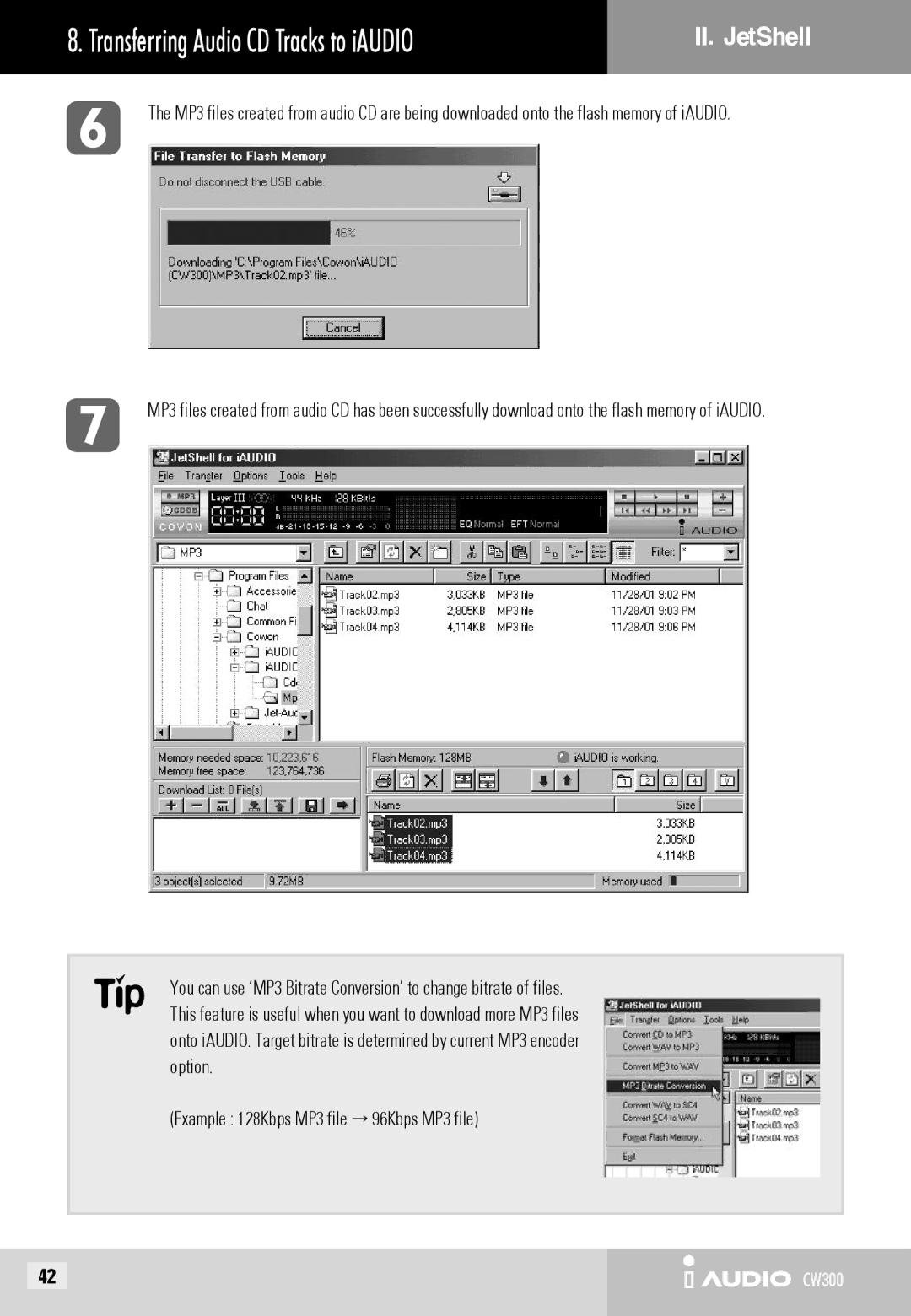 Cowon Systems CW300 user manual Transferring Audio CD Tracks to iAUDIO, Example 128Kbps MP3 file → 96Kbps MP3 file 