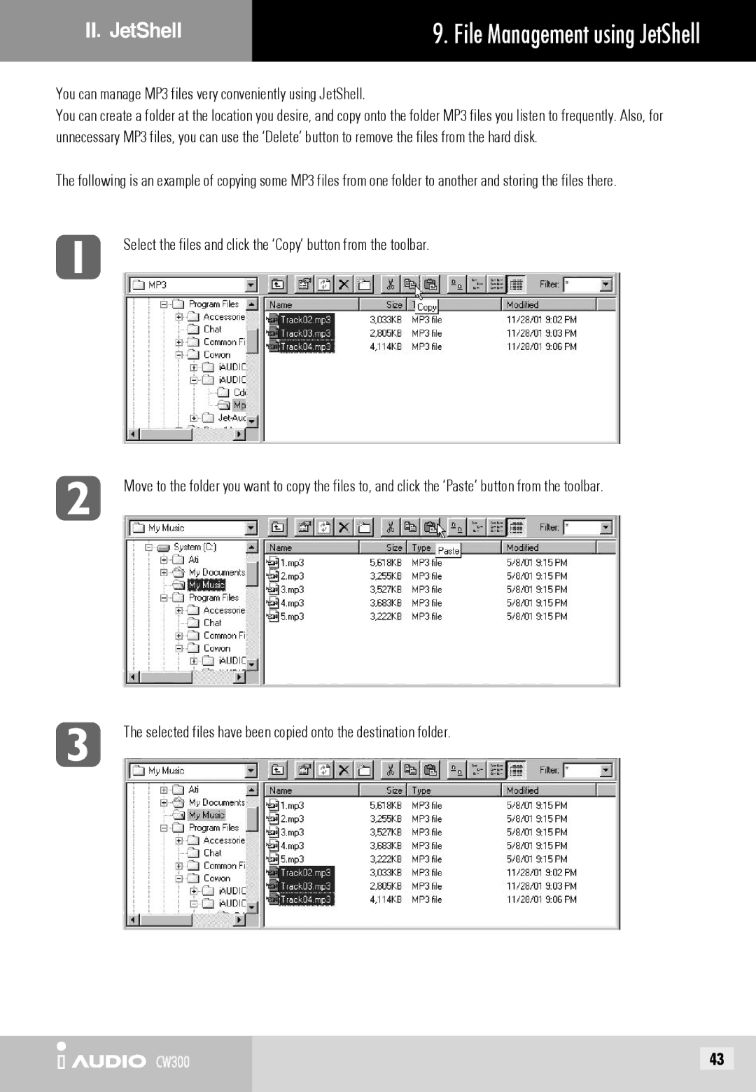 Cowon Systems CW300 user manual You can manage MP3 files very conveniently using JetShell 