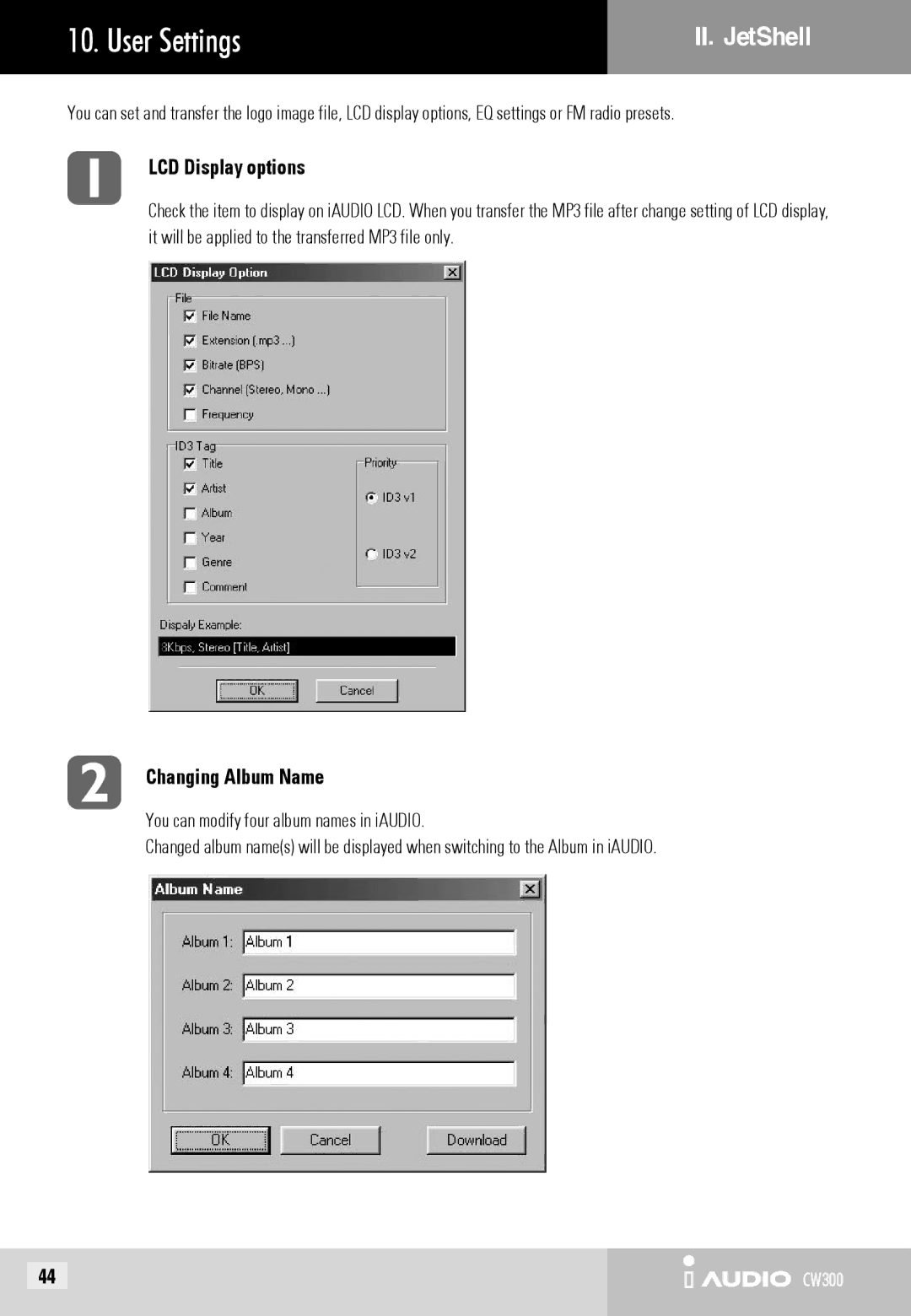 Cowon Systems CW300 user manual User Settings, LCD Display options, Changing Album Name 