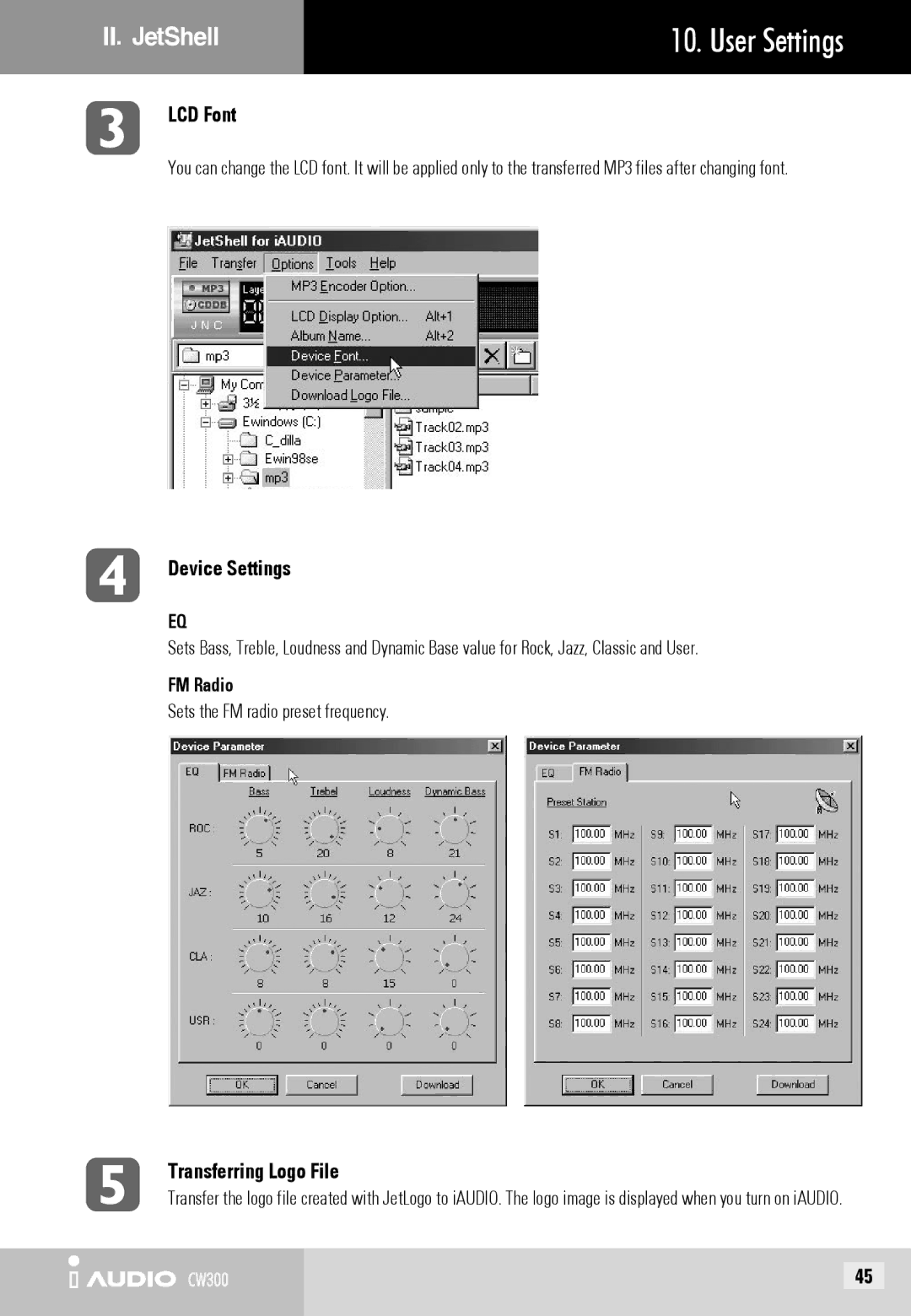 Cowon Systems CW300 LCD Font, Device Settings, Transferring Logo File, FM Radio Sets the FM radio preset frequency 