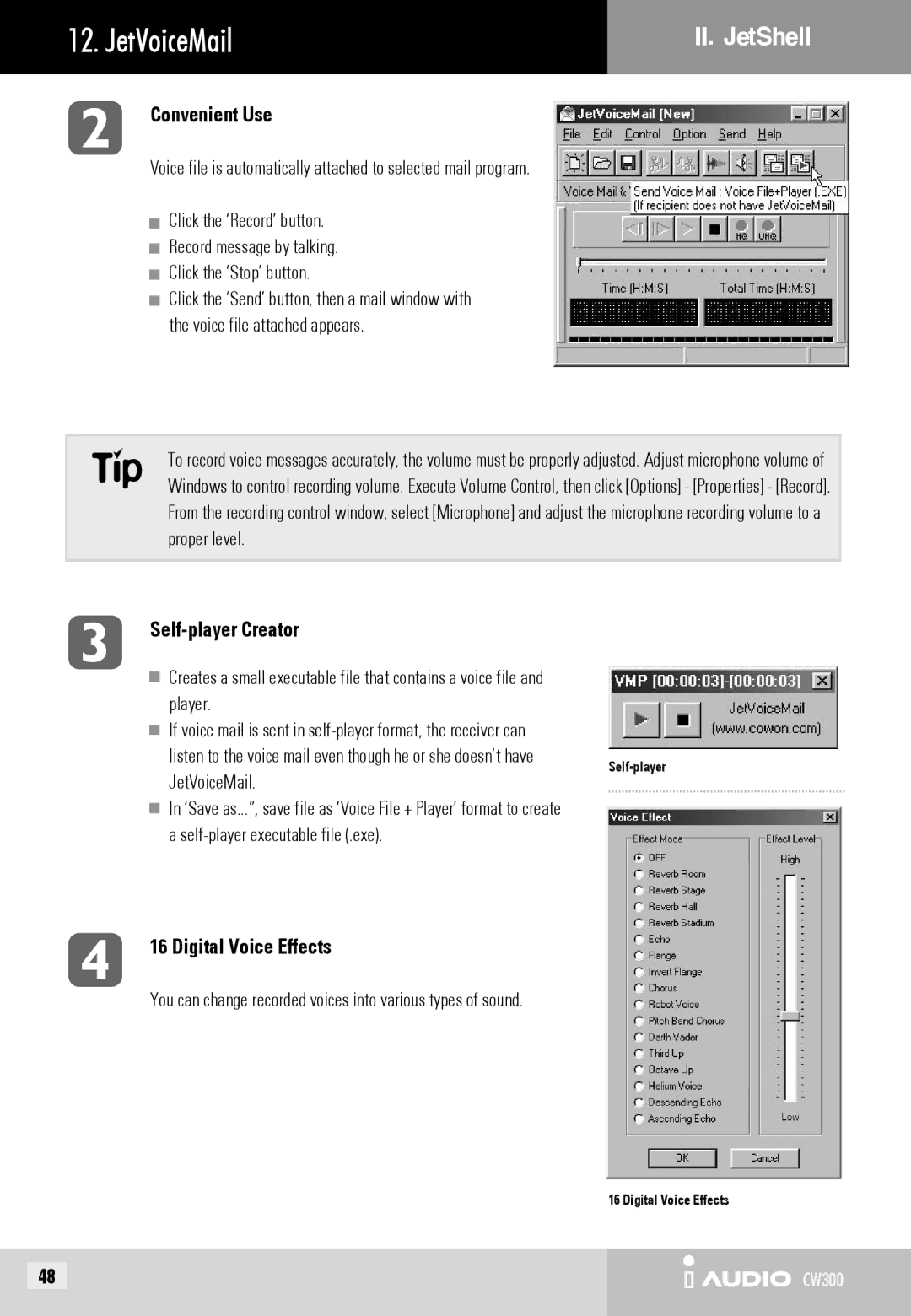 Cowon Systems CW300 user manual JetVoiceMail, Convenient Use, Self-player Creator, Digital Voice Effects 