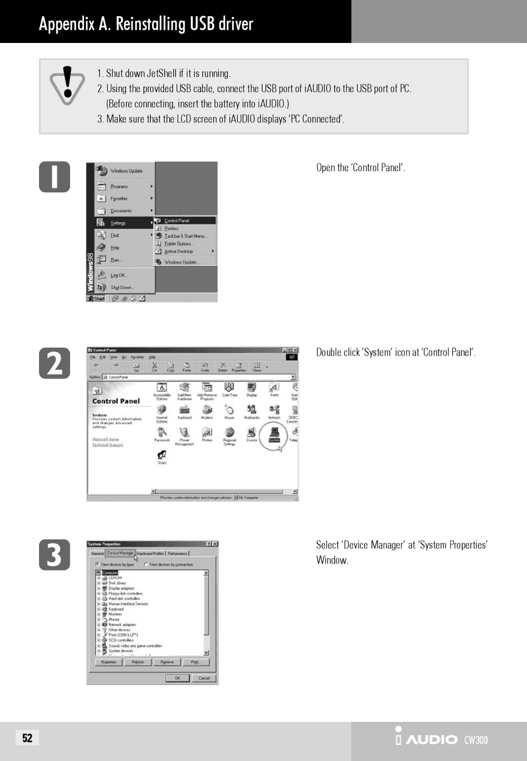 Cowon Systems CW300 user manual Appendix A. Reinstalling USB driver, Shut down JetShell if it is running 