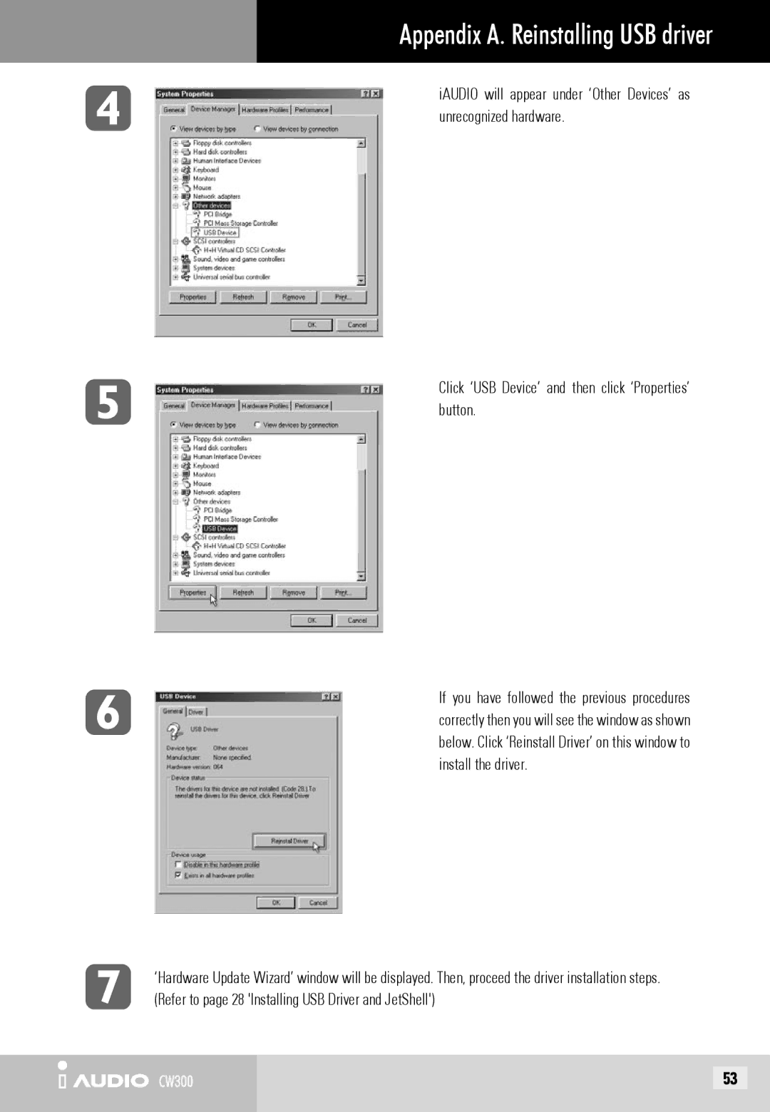 Cowon Systems CW300 user manual Click ‘USB Device’ and then click ‘Properties’ button 