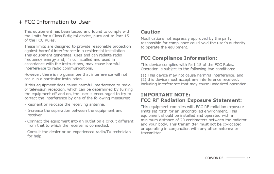 Cowon Systems D3 manual + FCC Information to User, FCC Compliance Information 