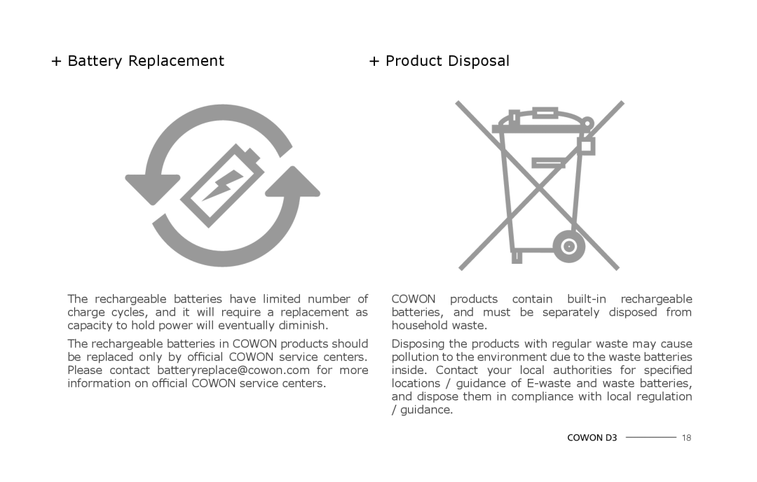 Cowon Systems D3 manual + Battery Replacement, + Product Disposal 