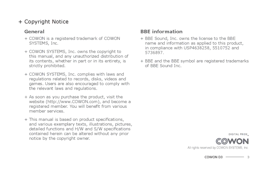 Cowon Systems D3 manual + Copyright Notice, General 