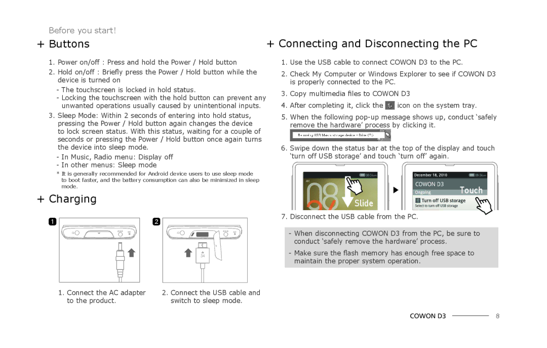 Cowon Systems D3 manual + Buttons, + Charging 