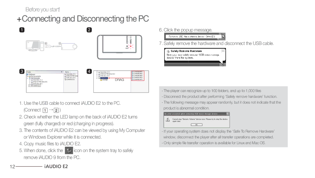 Cowon Systems E2 manual +Connecting and Disconnecting the PC 