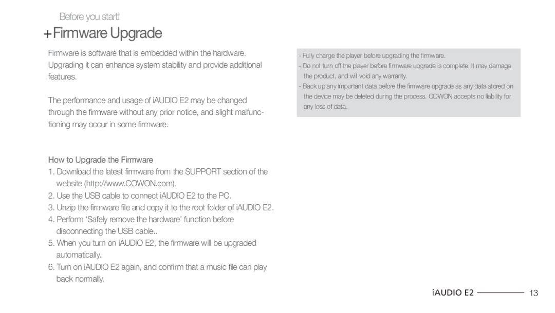 Cowon Systems E2 manual +Firmware Upgrade 