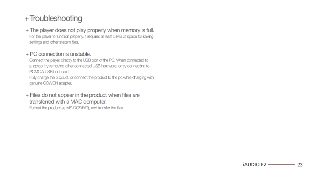 Cowon Systems E2 manual + The player does not play properly when memory is full 