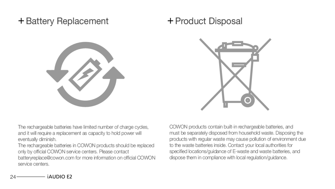 Cowon Systems E2 manual + Battery Replacement, + Product Disposal 