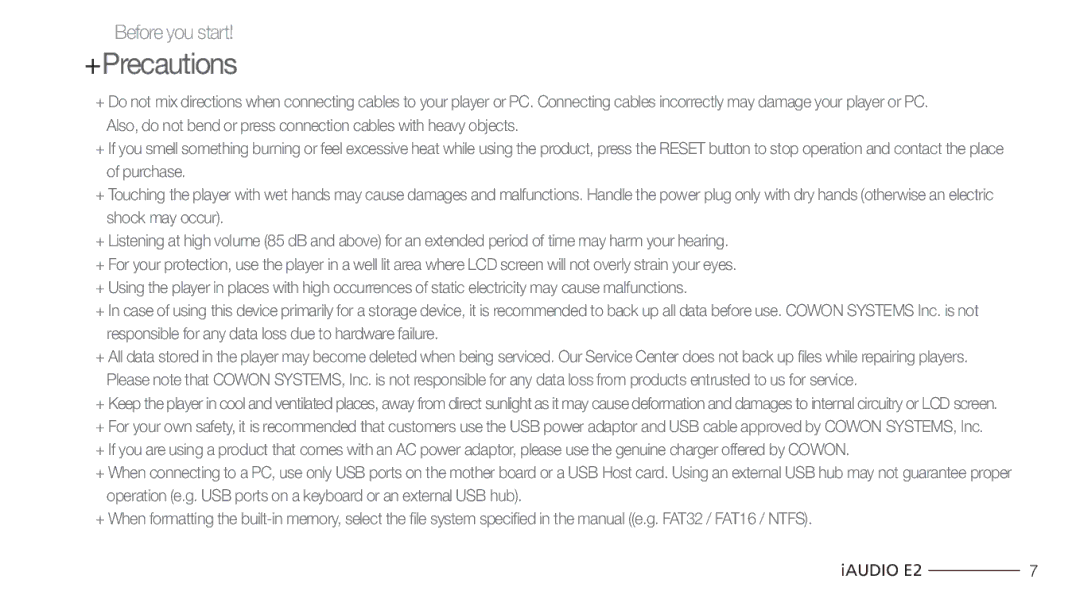 Cowon Systems E2 manual +Precautions 