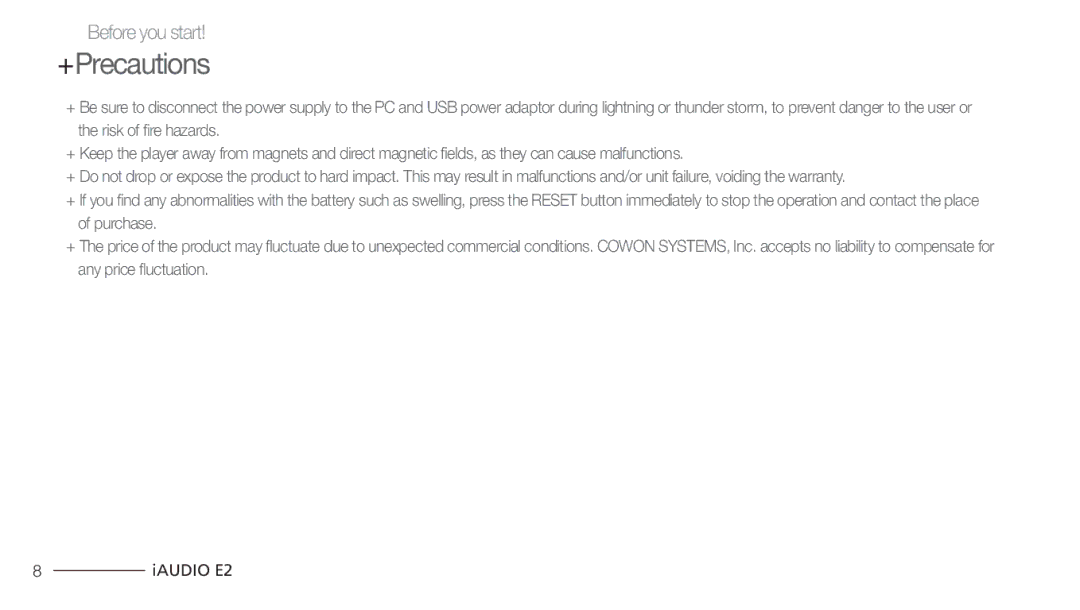 Cowon Systems E2 manual +Precautions 
