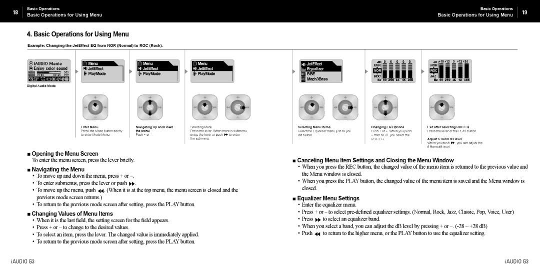 Cowon Systems iAUDIO G3 manual Basic Operations for Using Menu 