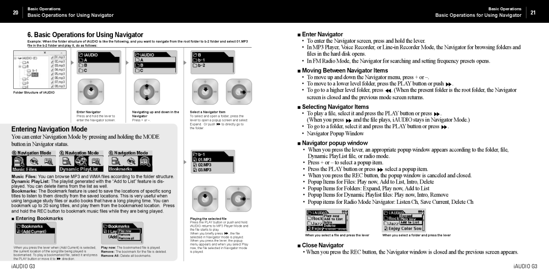 Cowon Systems iAUDIO G3 manual Basic Operations for Using Navigator, Entering Navigation Mode 