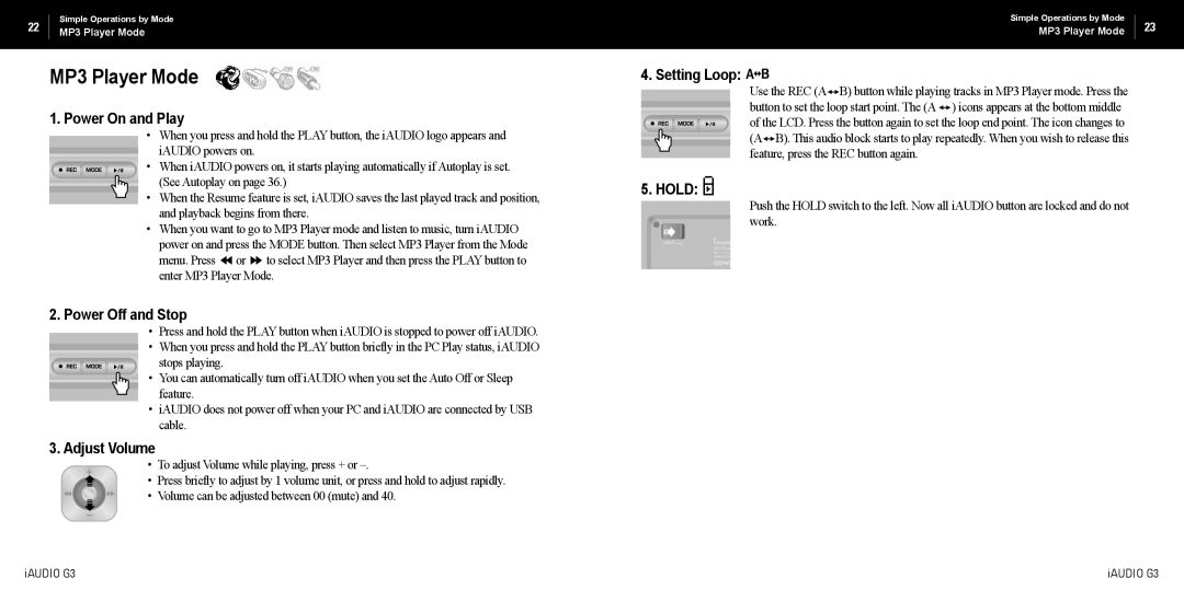 Cowon Systems iAUDIO G3 manual MP3 Player Mode, Setting Loop Power On and Play, Power Off and Stop, Adjust Volume, Hold 