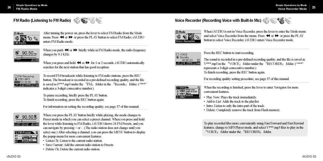 Cowon Systems iAUDIO G3 manual FM Radio Listening to FM Radio, Voice Recorder Recording Voice with Built-In Mic 