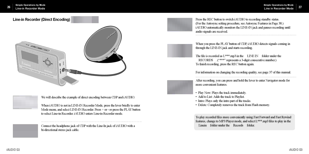 Cowon Systems iAUDIO G3 manual Line-in Recorder Direct Encoding 