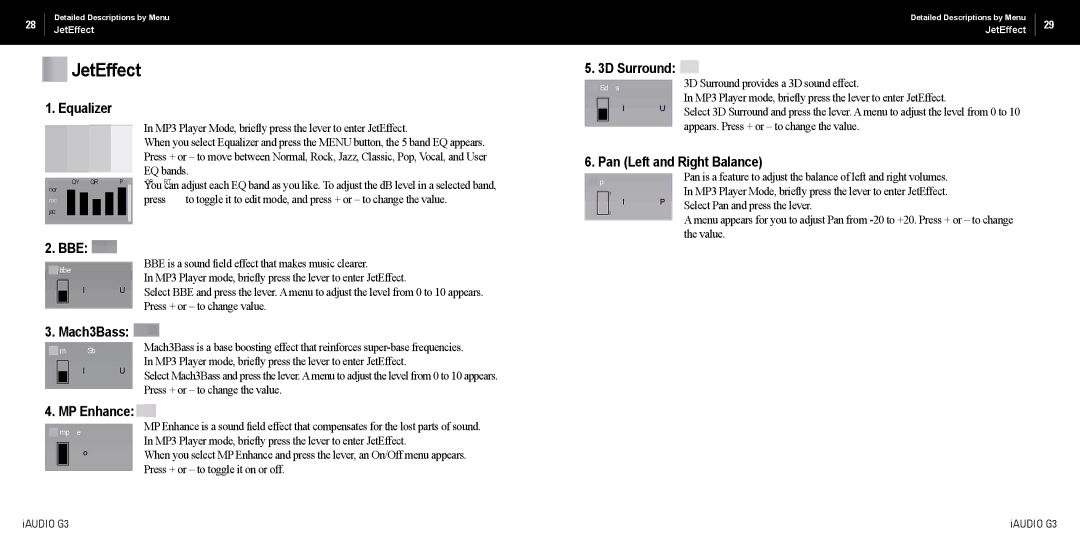 Cowon Systems iAUDIO G3 manual JetEffect, Equalizer, Pan Left and Right Balance, Bbe, Mach3Bass 