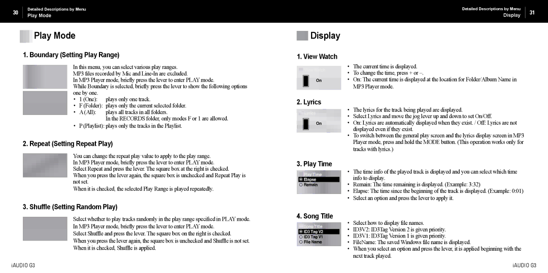 Cowon Systems iAUDIO G3 manual Play Mode, Display 