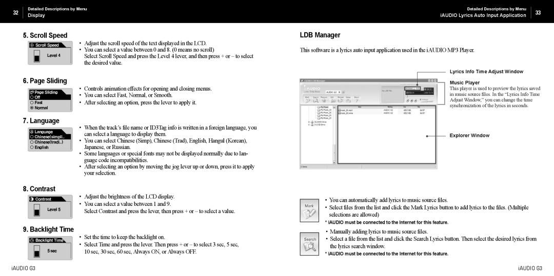 Cowon Systems iAUDIO G3 manual Scroll Speed, LDB Manager, Sliding, Language, Contrast, Backlight Time 