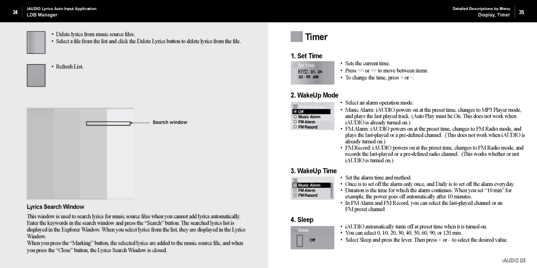 Cowon Systems iAUDIO G3 manual Timer, Set Time, Sleep, WakeUp Mode, Lyrics Search Window WakeUp Time 