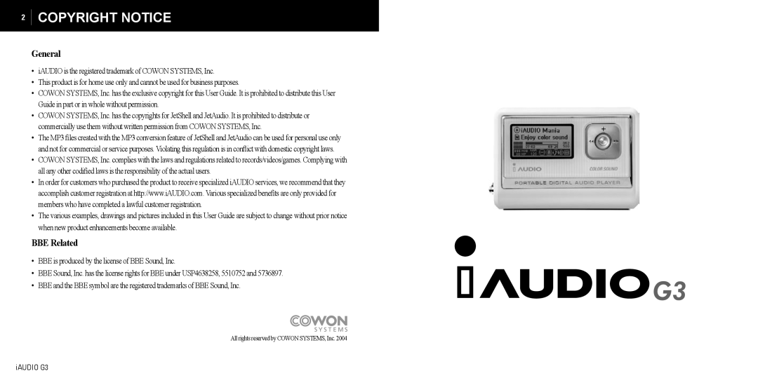 Cowon Systems iAUDIO G3 manual Copyright Notice 