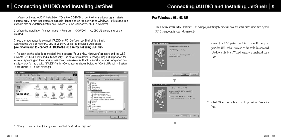 Cowon Systems iAUDIO G3 manual Connecting iAUDIO and Installing JetShell, For Windows 98 / 98 SE 