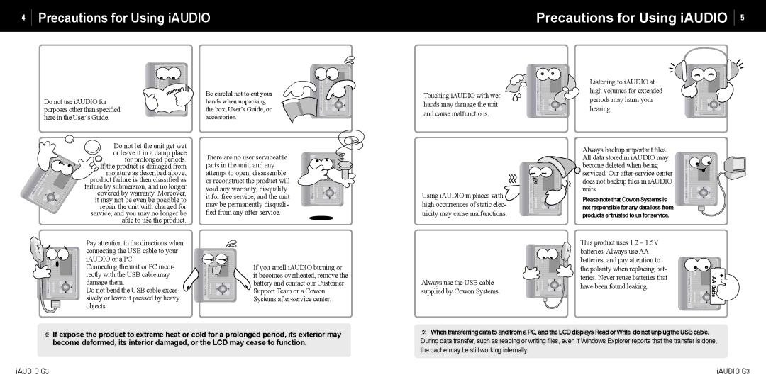 Cowon Systems iAUDIO G3 manual Precautions for Using iAUDIO, If the product is damaged from 