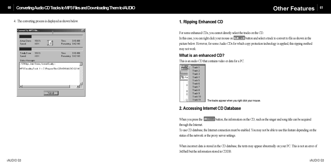 Cowon Systems iAUDIO G3 manual Other Features, Ripping Enhanced CD, What is an enhanced CD?, Accessing Internet CD Database 